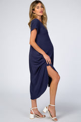 Navy Blue Ribbed Curved Hem Maternity Midi Dress