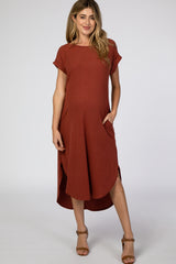 Rust Ribbed Curved Hem Maternity Midi Dress