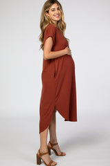 Rust Ribbed Curved Hem Maternity Midi Dress