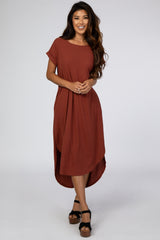 Rust Ribbed Curved Hem Maternity Midi Dress