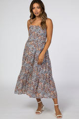 Blue Floral Chiffon Smocked Maternity Midi Dress