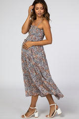 Blue Floral Chiffon Smocked Maternity Midi Dress