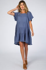 Blue Pleated Tier Fringe Trim Maternity Dress