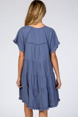 Blue Pleated Tier Fringe Trim Maternity Dress