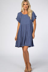 Blue Pleated Tier Fringe Trim Maternity Dress