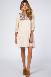 Cream Button Up Embroidered Front Maternity Dress