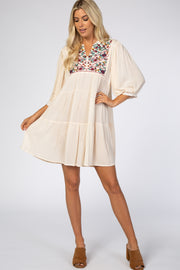 Cream Button Up Embroidered Front Dress