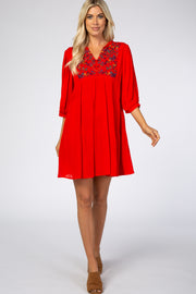 Red Button Up Embroidered Front Dress