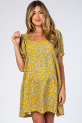 Yellow Floral Lace Trim Square Neck Maternity Dress