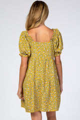 Yellow Floral Lace Trim Square Neck Maternity Dress