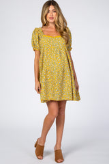 Yellow Floral Lace Trim Square Neck Maternity Dress