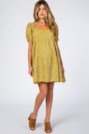 Yellow Floral Lace Trim Square Neck Maternity Dress