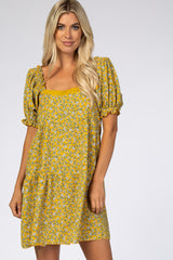 Yellow Floral Lace Trim Square Neck Dress