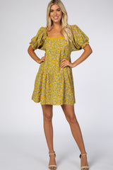 Yellow Floral Lace Trim Square Neck Dress