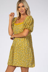 Yellow Floral Lace Trim Square Neck Dress