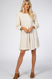 Beige 3/4 Sleeve Pleated Tier Fringe Hem Dress