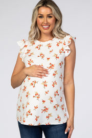 Ivory Floral Ribbed Ruffle Sleeve Maternity Top