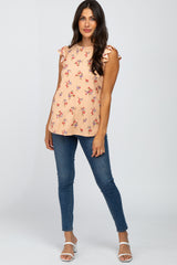 Peach Floral Ribbed Ruffle Sleeve Top