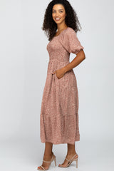 Mauve Animal Print Smocked Tiered Midi Dress