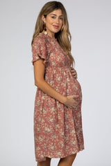 Mauve Floral Smocked Mock Neck Maternity Dress