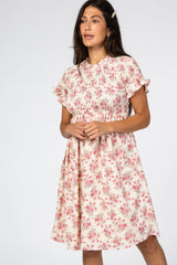 Cream Floral Smocked Mock Neck Dress