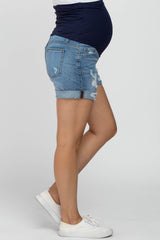 Blue Distressed Cuffed Maternity Denim Shorts