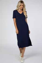 Navy Blue Side Slit Midi Dress