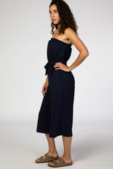 Navy Blue Strapless Wide Crop Leg Jumpsuit