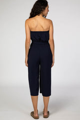 Navy Blue Strapless Wide Crop Leg Jumpsuit