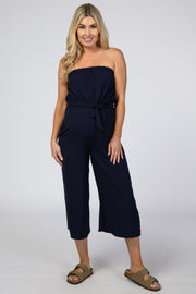 Navy Blue Strapless Wide Crop Leg Maternity Jumpsuit