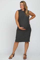 Black Striped Mock Neck Maternity Plus Midi Dress