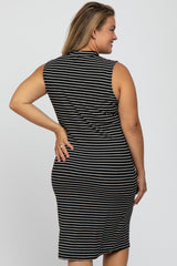 Black Striped Mock Neck Maternity Plus Midi Dress