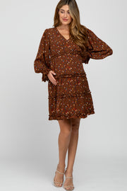 Brown Printed Ruffle Accent Maternity Dress