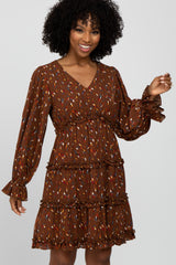 Brown Printed Ruffle Accent Dress