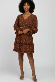 Brown Printed Ruffle Accent Dress