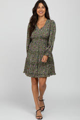 Olive Printed Ruffle Accent Maternity Dress