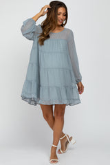 Light Blue Swiss Dot Tiered Maternity Dress