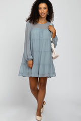 Light Blue Swiss Dot Tiered Maternity Dress