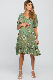 Light Olive Floral Ruffle Accent Maternity Dress