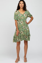 Light Olive Floral Ruffle Accent Dress