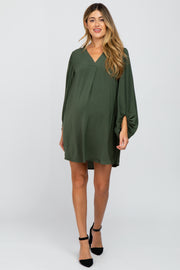 Olive Solid Draped Bubble Sleeve Maternity Dress