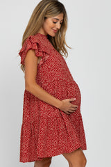 Red Printed Ruffle Accent Tiered Maternity Dress