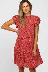 Red Printed Ruffle Accent Tiered Dress