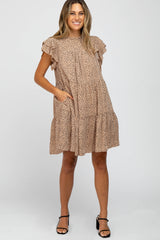 Taupe Printed Ruffle Accent Tiered Dress