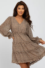 Taupe Animal Print Ruffle Tiered Cutout Back Dress