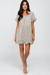 Ivory Printed Chiffon Square Neck Ruffle Trim Maternity Dress