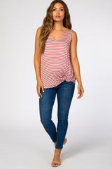 Mauve Striped Sleeveless Tie Front Maternity Top