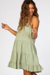 Light Olive Smocked Tiered Maternity Dress