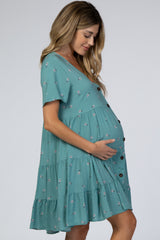 Teal Floral Button Down Tiered Maternity Dress