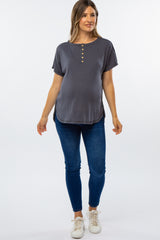 Dark Grey Ribbed Raw Seam Snap Button Maternity Top